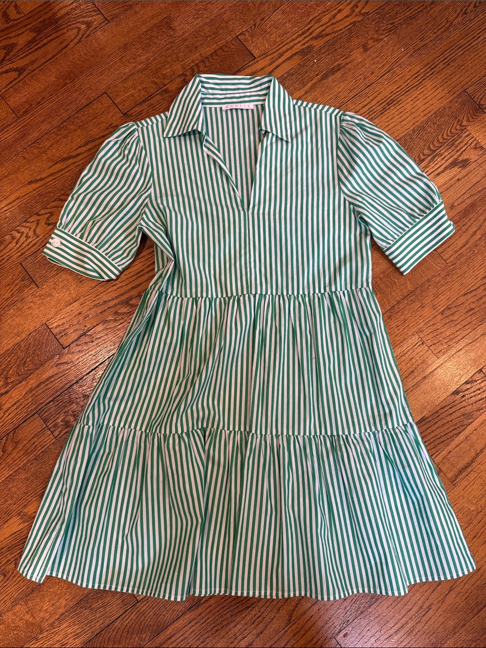 Karlie Green and White Striped Collared Tiered Casual Dress